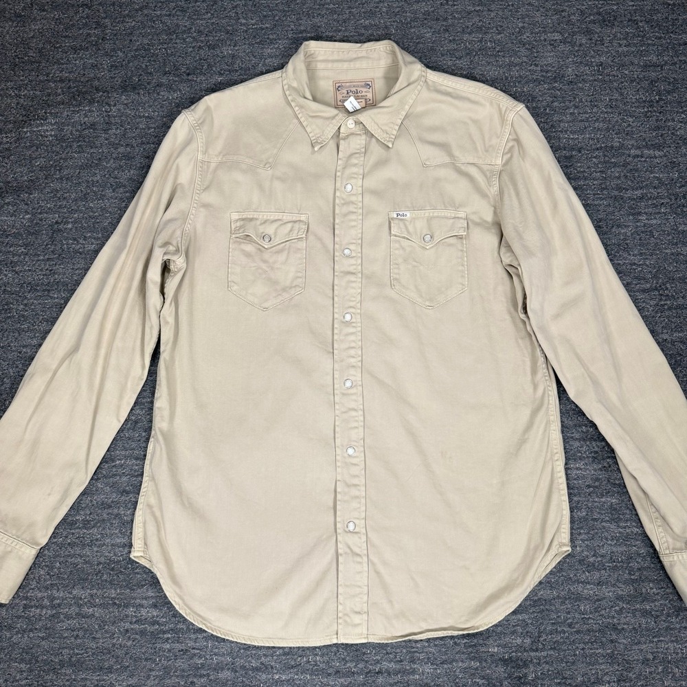 Polo Ralph Lauren Western Pearl Snap Shirt Men Large Beige Canvas Cowboy Ranch